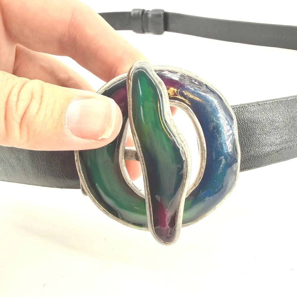 Chicos Enamel Buckle Belt Womens ML Black Leather Multi Color Artisan Vintage